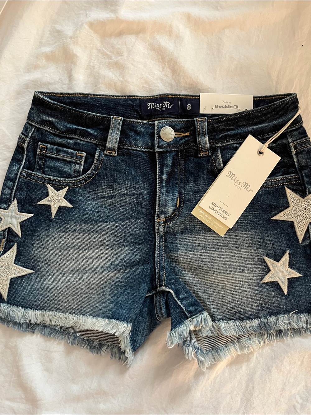 Miss Me Dark Blue Denim Star Appliqué Shorts